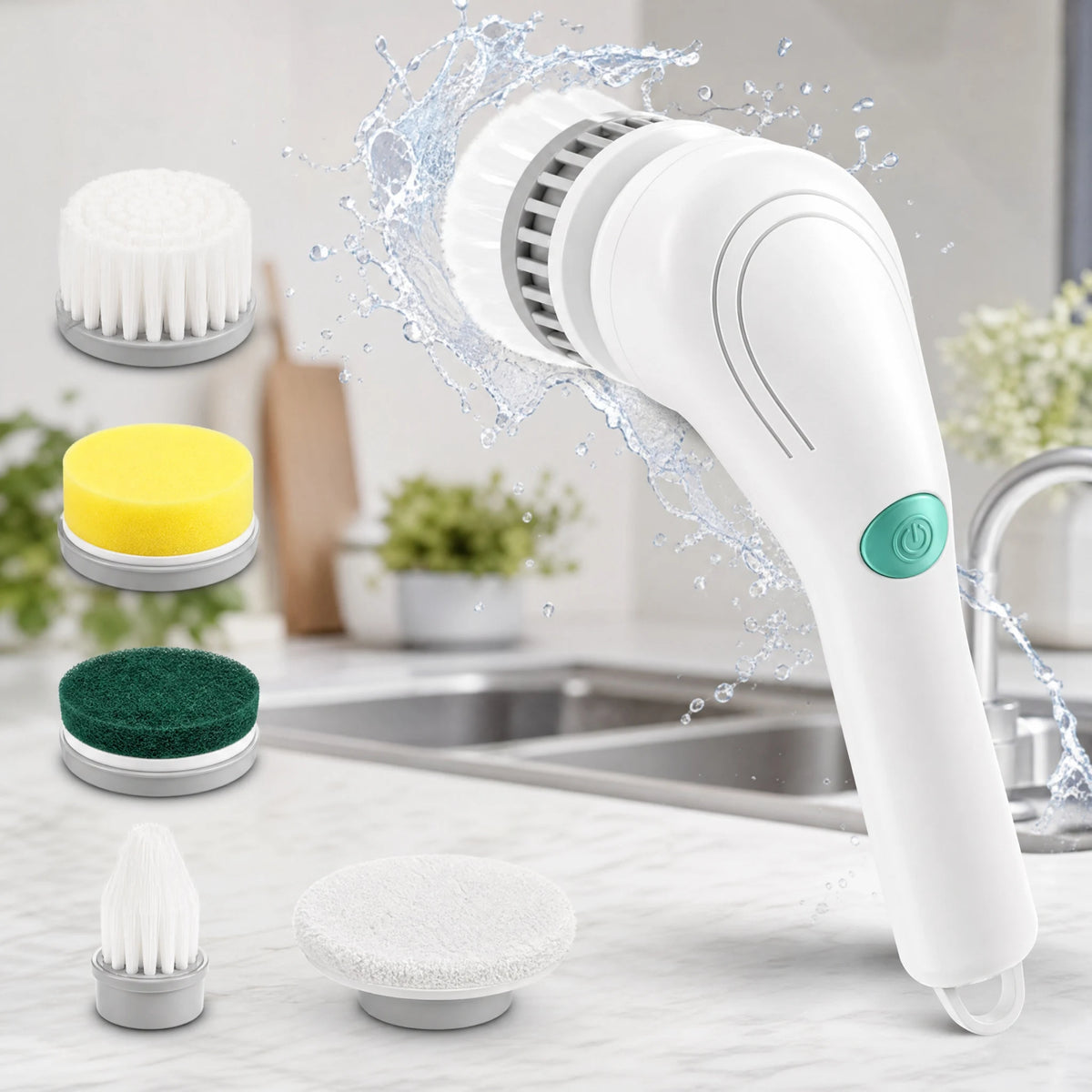 Electric spin scrubber cleaning bathroom tile and surfaces