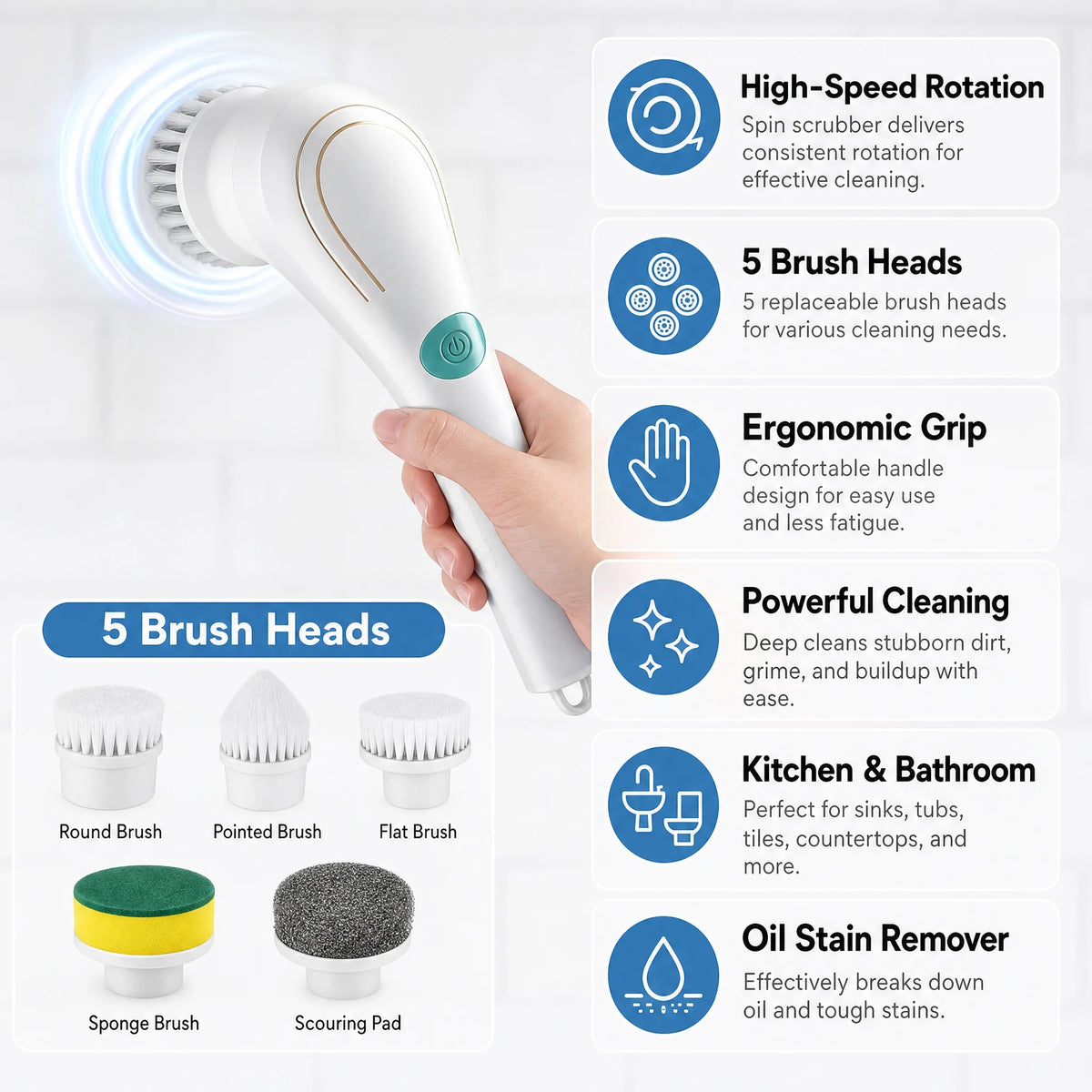 Electric Spin Scrubber | 5-Head Cleaning Brush