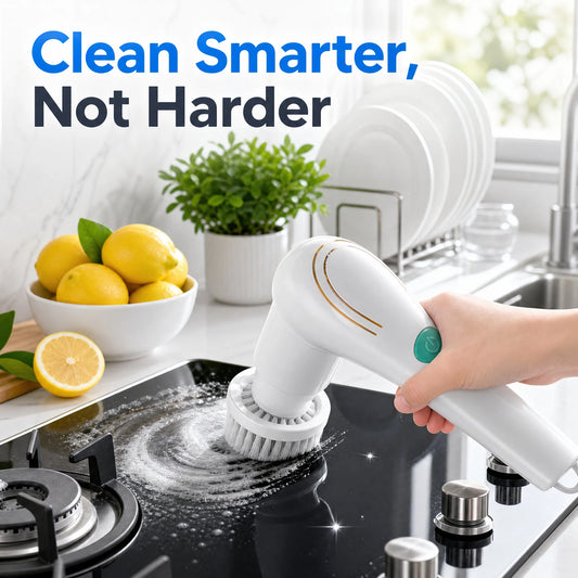 White electric spin scrubber with interchangeable cleaning brush heads